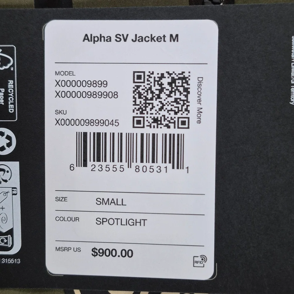 Arc'teryx Alpha‎ SV Jacket Mens Small Spotlight Green GORE-TEX Waterproof Shell